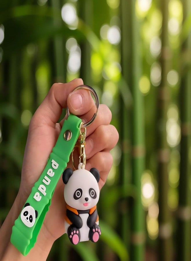 AEROSTARK Panda Keychain with Orange Hoodie - Cute Cartoon Panda Figure with Green Silicone Strap | Soft Animal Keyring for Kids, Bags, Backpacks, Cars, Return Gifts - Image 3