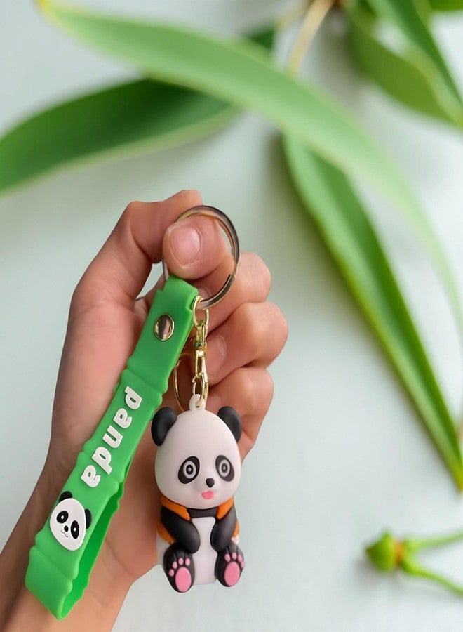AEROSTARK Panda Keychain with Orange Hoodie - Cute Cartoon Panda Figure with Green Silicone Strap | Soft Animal Keyring for Kids, Bags, Backpacks, Cars, Return Gifts - Image 1