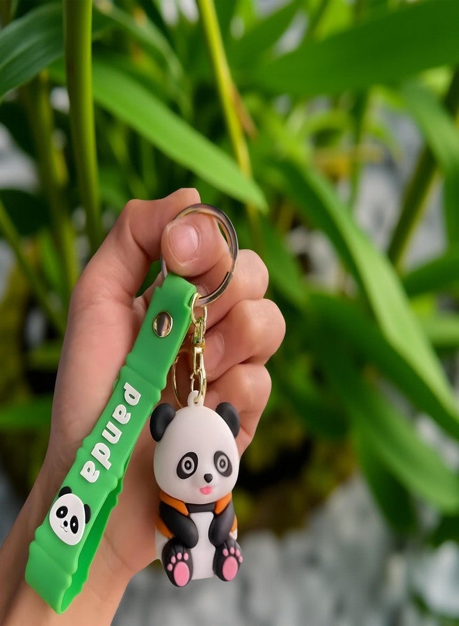AEROSTARK Panda Keychain with Orange Hoodie - Cute Cartoon Panda Figure with Green Silicone Strap | Soft Animal Keyring for Kids, Bags, Backpacks, Cars, Return Gifts - Image 4