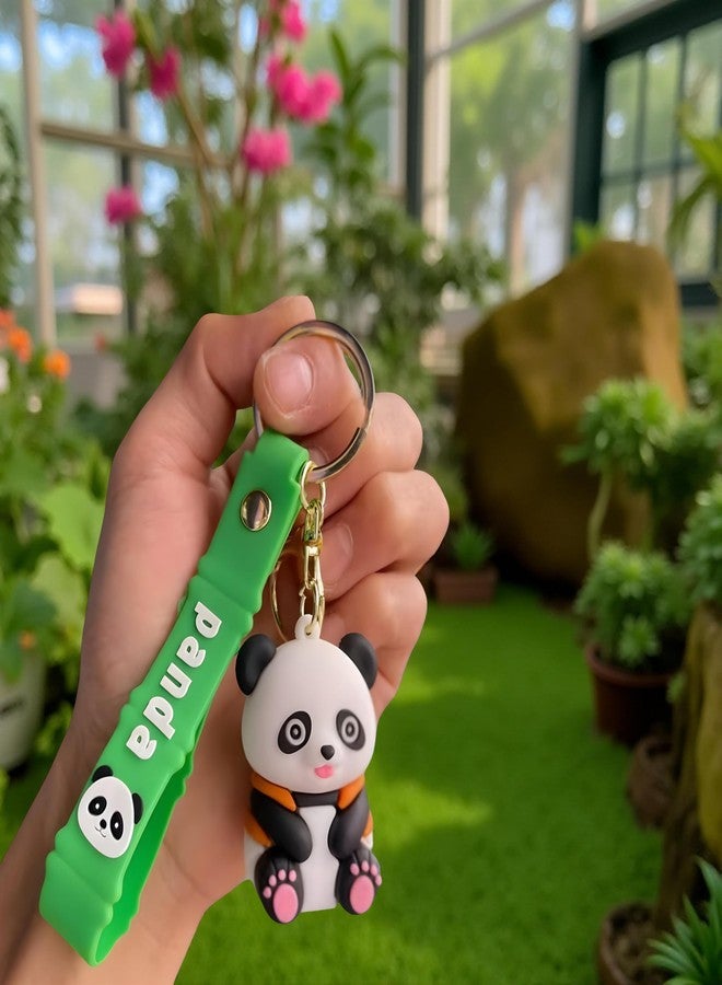 AEROSTARK Panda Keychain with Orange Hoodie - Cute Cartoon Panda Figure with Green Silicone Strap | Soft Animal Keyring for Kids, Bags, Backpacks, Cars, Return Gifts - Image 5