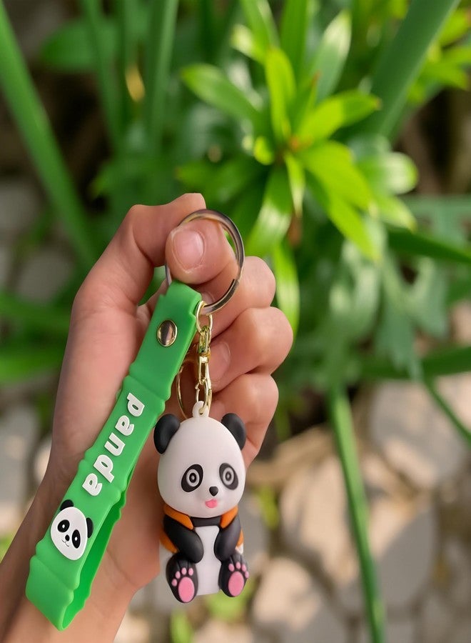 AEROSTARK Panda Keychain with Orange Hoodie - Cute Cartoon Panda Figure with Green Silicone Strap | Soft Animal Keyring for Kids, Bags, Backpacks, Cars, Return Gifts - Image 2