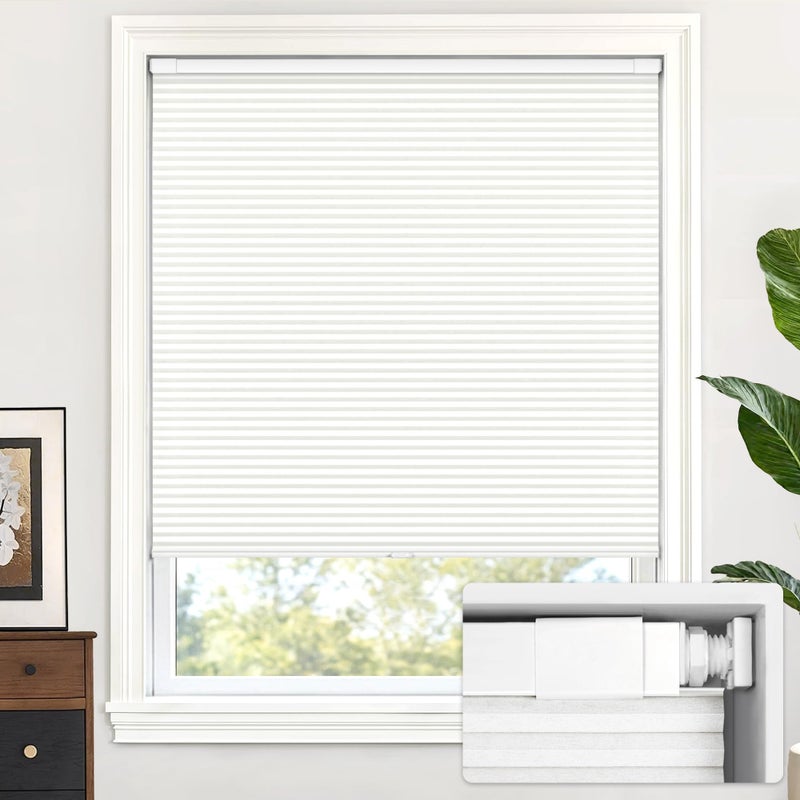 LazBlinds ستائر لازبلايندز الخلوية، سهلة التركيب بدون خيوط أو أدوات أو حفر، تُصفّي الضوء، ستائر نوافذ مطوية على شكل خلية نحل، 74 × 91 سم (عرض × طول)، أبيض - Image 1