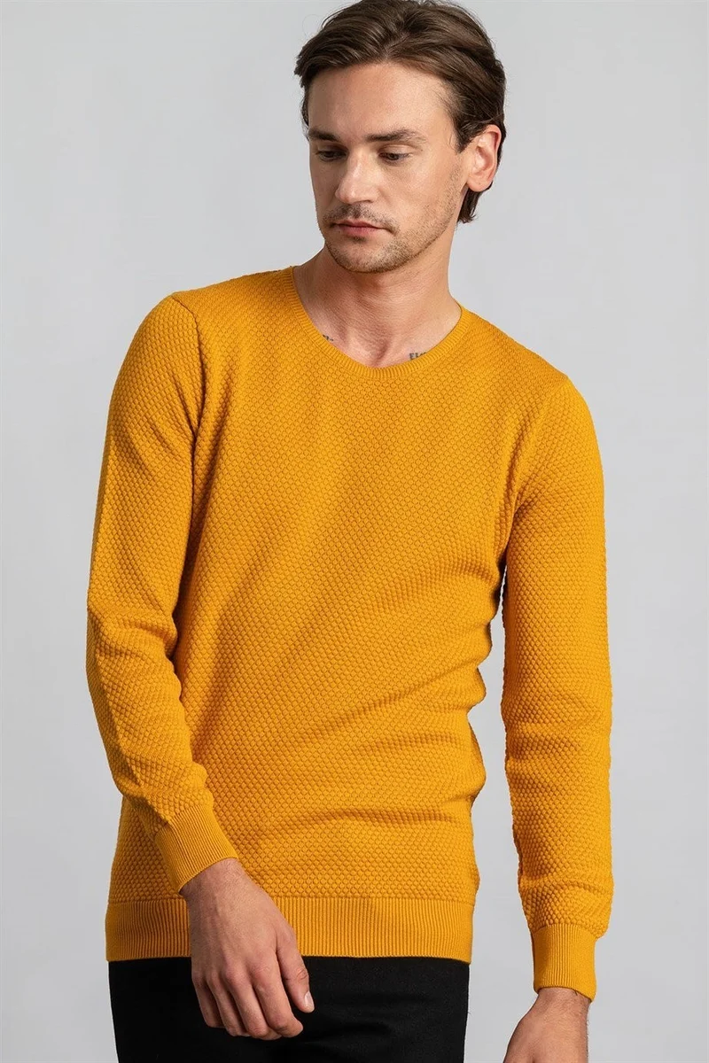 تودورس Men's Slim Fit Crew Neck Honeycomb Patterned Mustard Knitwear Sweater