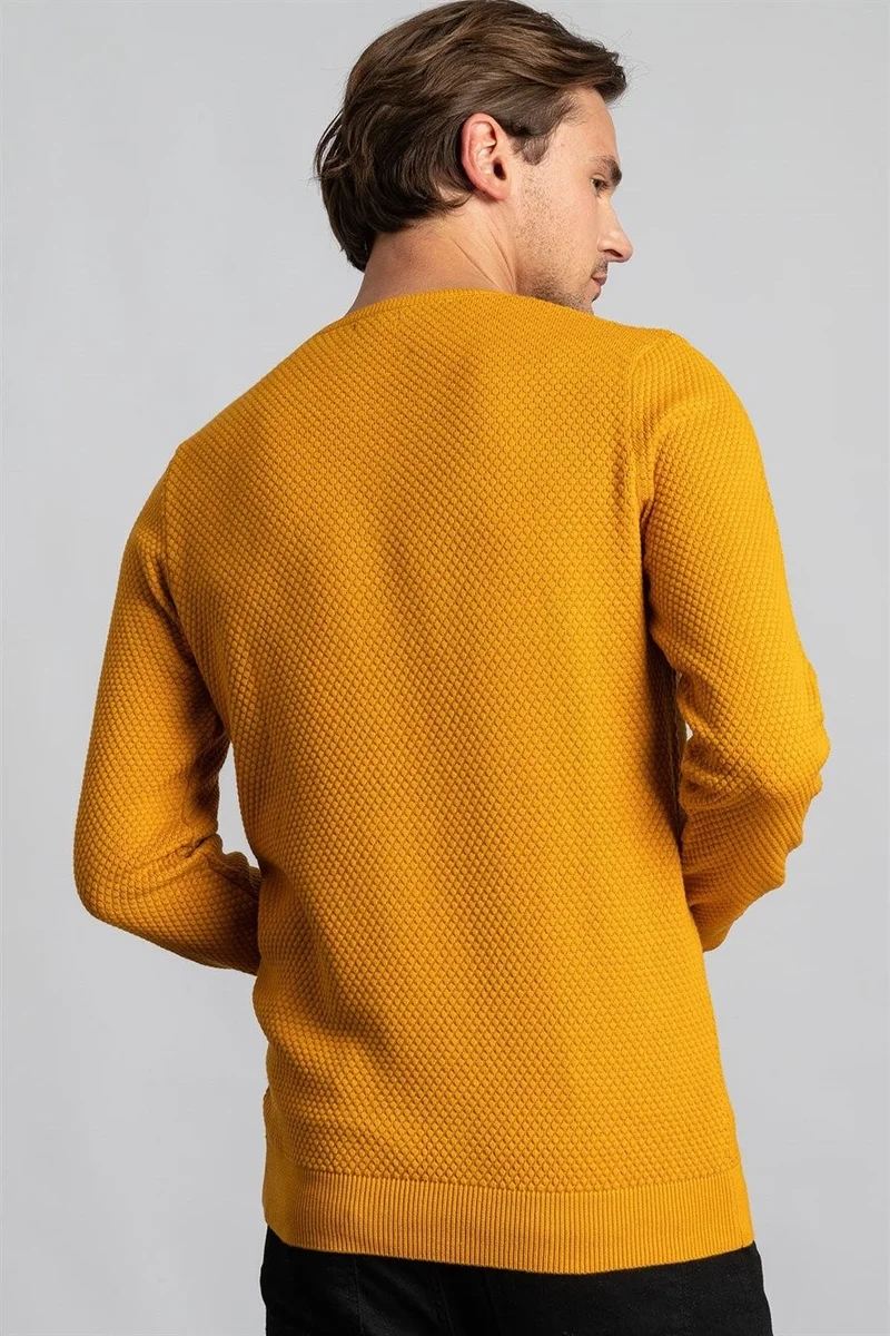 تودورس Men's Slim Fit Crew Neck Honeycomb Patterned Mustard Knitwear Sweater