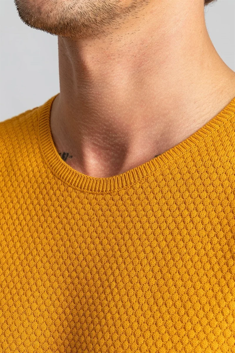 تودورس Men's Slim Fit Crew Neck Honeycomb Patterned Mustard Knitwear Sweater