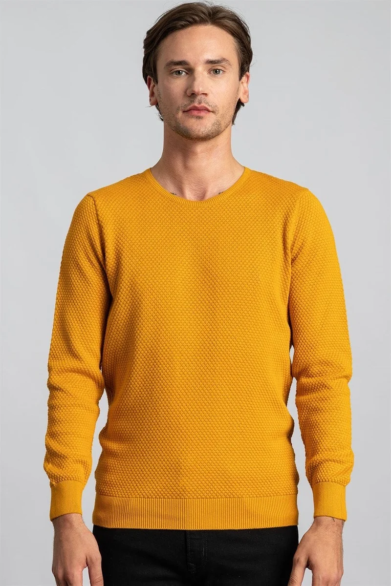 تودورس Men's Slim Fit Crew Neck Honeycomb Patterned Mustard Knitwear Sweater