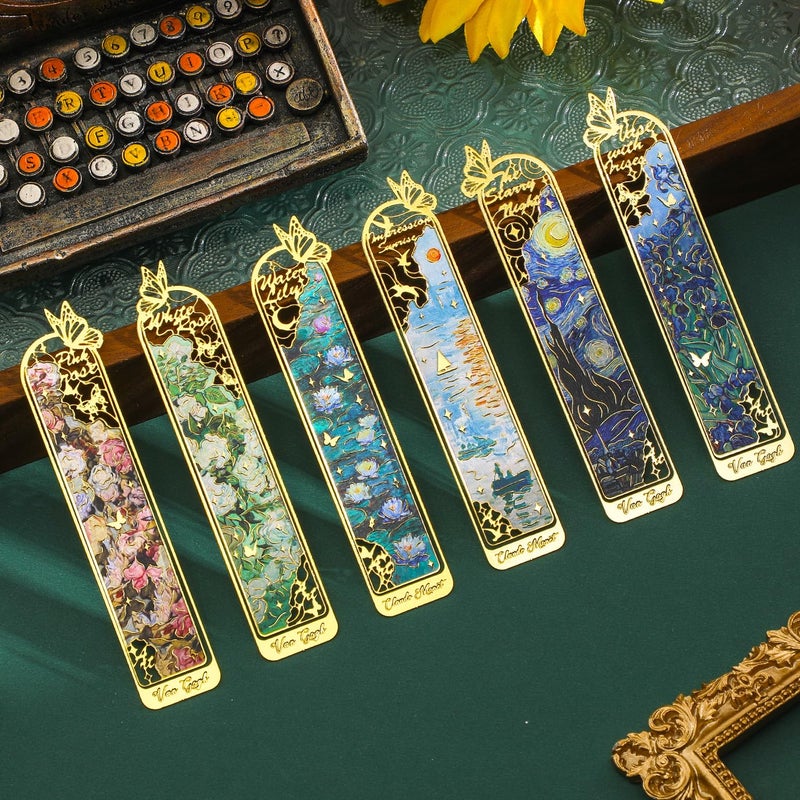 emmoolife 6 Pieces Metal Clip Bookmarks for Women, Golden Hollow Butterfly Bookmark Monet Oil Painting Theme Book Mark Birthday Funny Art Gifts for Book Lovers Writers Readers Children Teens Men - Image 1