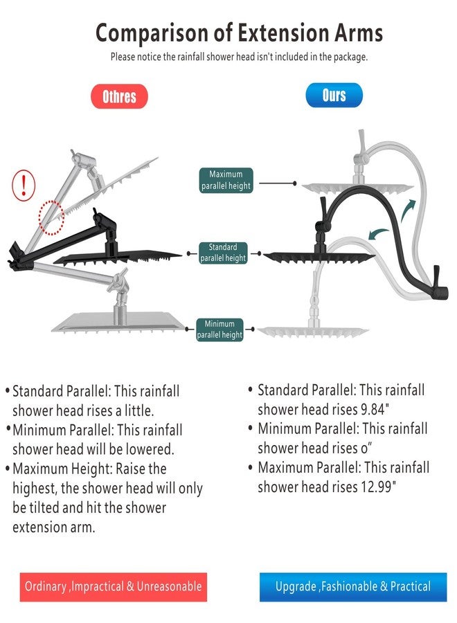 Voolan All Metal Shower Head Extension Arm, 14 Inch Curved Solid Brass Adjustable Shower Arm, Universal Connection Pipe, Flexible Height, Matte Black - Image 5