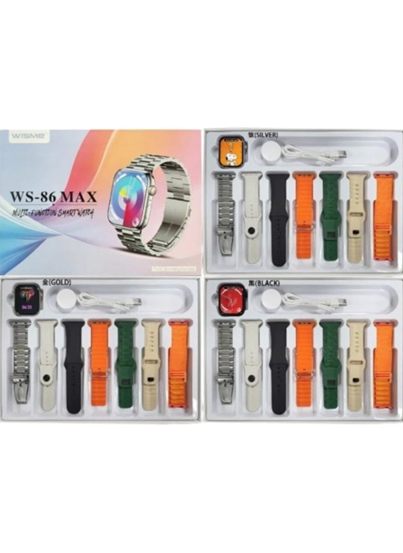 WISME ساعة ذكية 7 في 1 WS-86 ماكس مع 7 أزواج من الأساور، مقاومة للماء، عمر بطارية طويل، ساعة ذكية صحية سوداء - Image 4