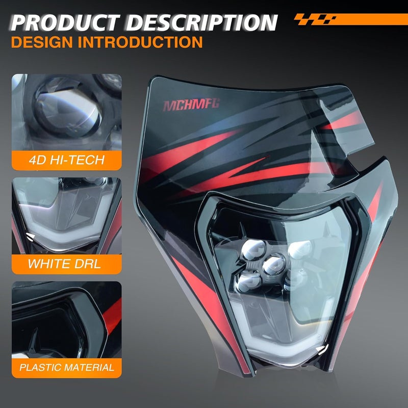 MCHMFG Dirt Bike LED Headlight Kit for ATV and Motorcycle - Red Sticker - Image 3