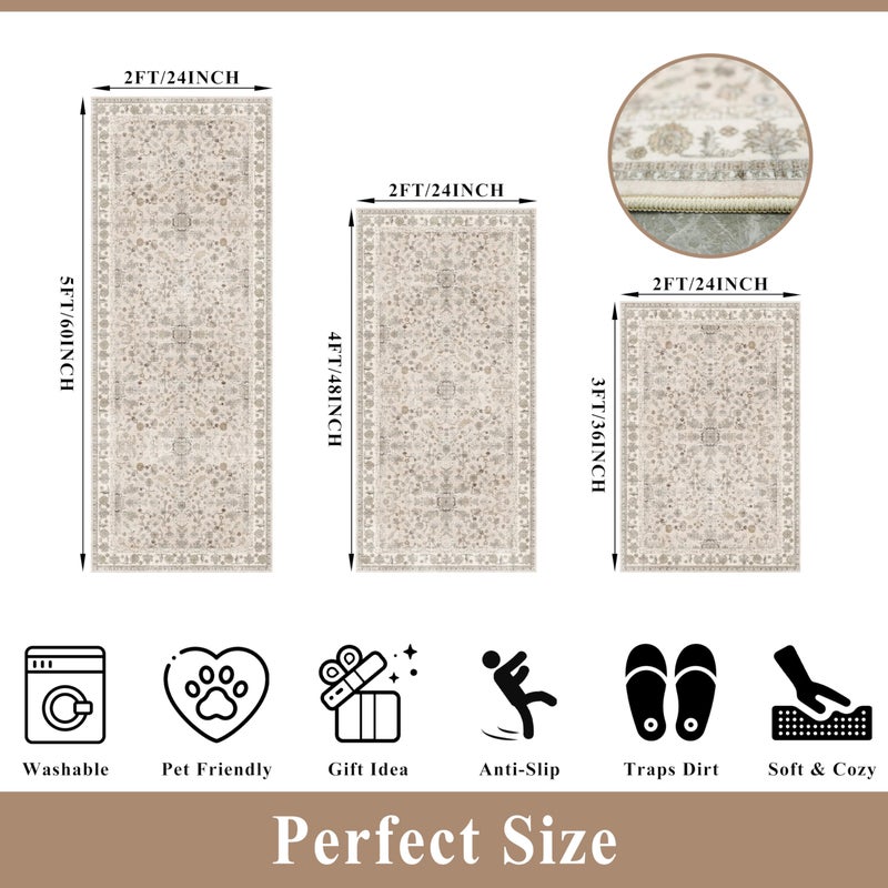 BYYVOO 3-Piece Kitchen Rug Set of 3 with Runner â€“ Non-Slip Washable Boho Kitchen Mats for Sink, Floor, Entryway & Hallway & Bathroom â€“ Soft Small Throw Area Rugs, Home Decor (Beige,2x3+2x4+2x5) - Image 2