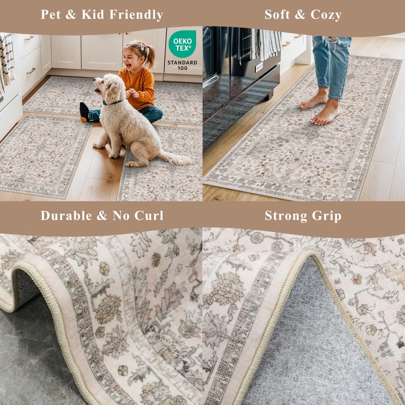 BYYVOO 3-Piece Kitchen Rug Set of 3 with Runner â€“ Non-Slip Washable Boho Kitchen Mats for Sink, Floor, Entryway & Hallway & Bathroom â€“ Soft Small Throw Area Rugs, Home Decor (Beige,2x3+2x4+2x5) - Image 5