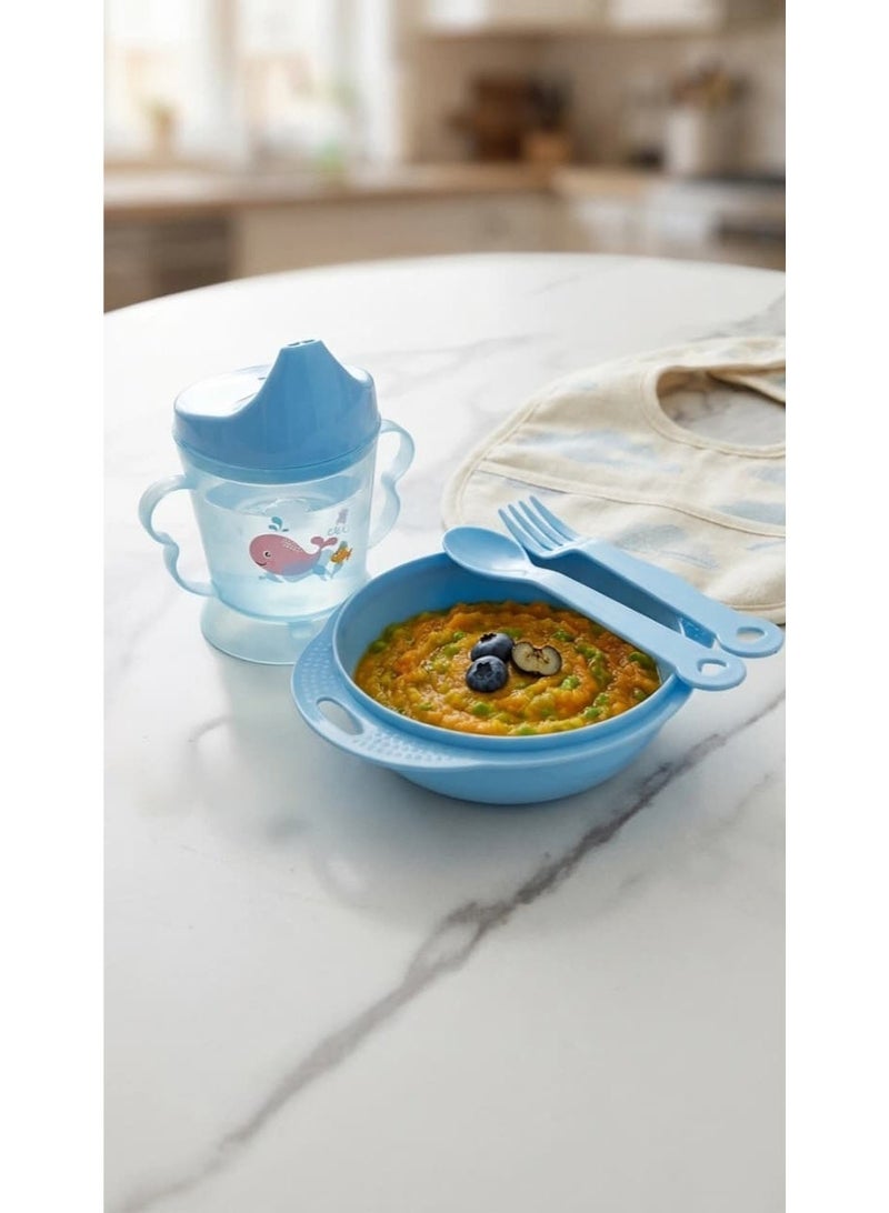 4-Piece Baby Boy Dinner Set, Baby Training Plate and Cup Set (Blue), Plastic Weaning Plate with Handles for Boys, Training Cup with Handles and Leak-Proof Valve (Blue), Child-Safe Plastic Fork and Spoon, Baby and Toddler Tableware, Baby Feeding Set for Boys (Blue), Weaning and Independence Set for Children, Blue Plastic Bowls for Boys, Plastic Baby Food Utensils, Blue Baby Feeding Plate with Spoons, Baby Drinking Cup with Double Handles - Comes in Random Cartoon Designs - Image 2