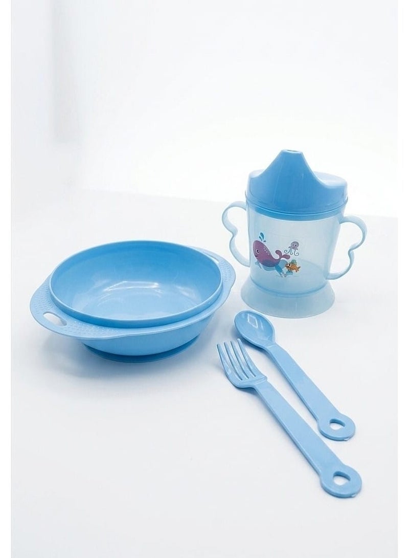 4-Piece Baby Boy Dinner Set, Baby Training Plate and Cup Set (Blue), Plastic Weaning Plate with Handles for Boys, Training Cup with Handles and Leak-Proof Valve (Blue), Child-Safe Plastic Fork and Spoon, Baby and Toddler Tableware, Baby Feeding Set for Boys (Blue), Weaning and Independence Set for Children, Blue Plastic Bowls for Boys, Plastic Baby Food Utensils, Blue Baby Feeding Plate with Spoons, Baby Drinking Cup with Double Handles - Comes in Random Cartoon Designs - Image 1