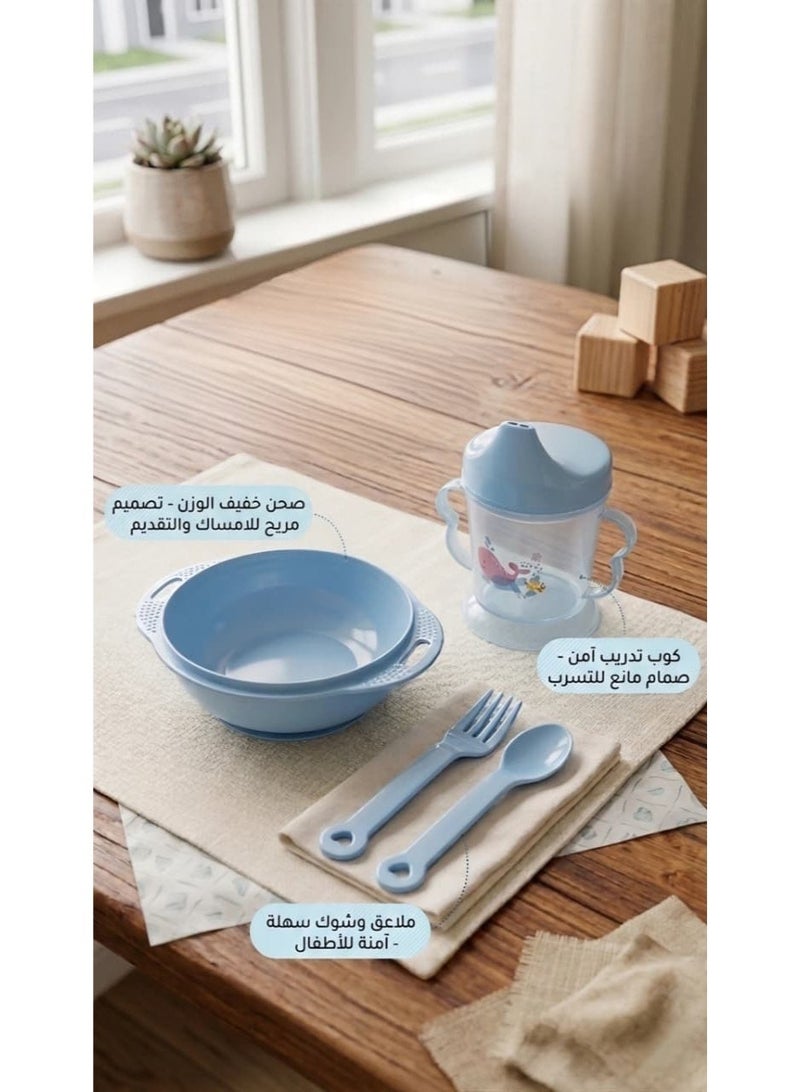4-Piece Baby Boy Dinner Set, Baby Training Plate and Cup Set (Blue), Plastic Weaning Plate with Handles for Boys, Training Cup with Handles and Leak-Proof Valve (Blue), Child-Safe Plastic Fork and Spoon, Baby and Toddler Tableware, Baby Feeding Set for Boys (Blue), Weaning and Independence Set for Children, Blue Plastic Bowls for Boys, Plastic Baby Food Utensils, Blue Baby Feeding Plate with Spoons, Baby Drinking Cup with Double Handles - Comes in Random Cartoon Designs - Image 3
