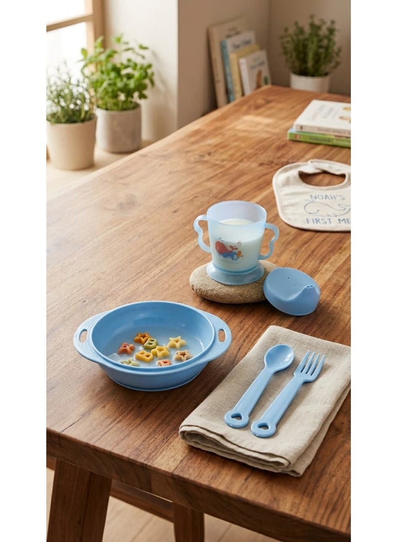 4-Piece Baby Boy Dinner Set, Baby Training Plate and Cup Set (Blue), Plastic Weaning Plate with Handles for Boys, Training Cup with Handles and Leak-Proof Valve (Blue), Child-Safe Plastic Fork and Spoon, Baby and Toddler Tableware, Baby Feeding Set for Boys (Blue), Weaning and Independence Set for Children, Blue Plastic Bowls for Boys, Plastic Baby Food Utensils, Blue Baby Feeding Plate with Spoons, Baby Drinking Cup with Double Handles - Comes in Random Cartoon Designs - Image 4