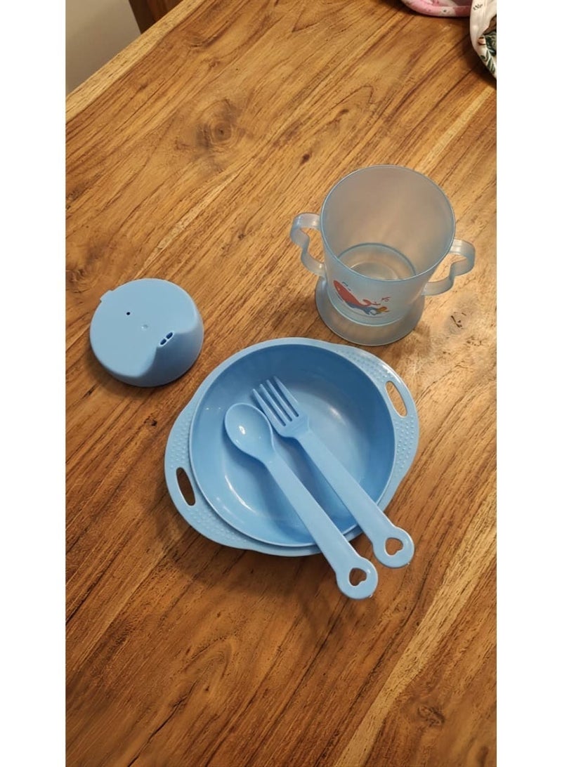 4-Piece Baby Boy Dinner Set, Baby Training Plate and Cup Set (Blue), Plastic Weaning Plate with Handles for Boys, Training Cup with Handles and Leak-Proof Valve (Blue), Child-Safe Plastic Fork and Spoon, Baby and Toddler Tableware, Baby Feeding Set for Boys (Blue), Weaning and Independence Set for Children, Blue Plastic Bowls for Boys, Plastic Baby Food Utensils, Blue Baby Feeding Plate with Spoons, Baby Drinking Cup with Double Handles - Comes in Random Cartoon Designs - Image 5