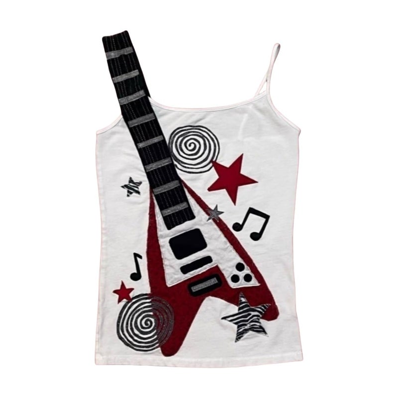 RICHTRUE Punk Rock Concert Graphic Tank Tops Women Cute Summer Spaghetti Strap Sleeveless Crop Cami Y2k Grunge Emo Shirt (White Red Guitar,Small) - Image 1