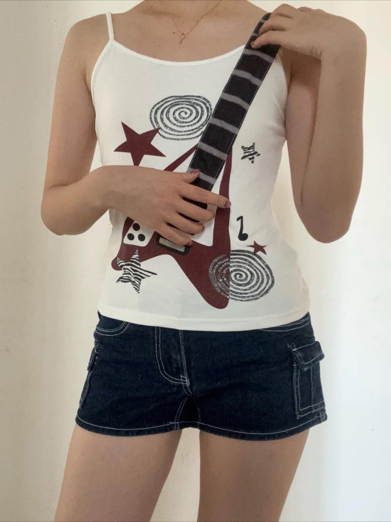 RICHTRUE Punk Rock Concert Graphic Tank Tops Women Cute Summer Spaghetti Strap Sleeveless Crop Cami Y2k Grunge Emo Shirt (White Red Guitar,Small) - Image 2