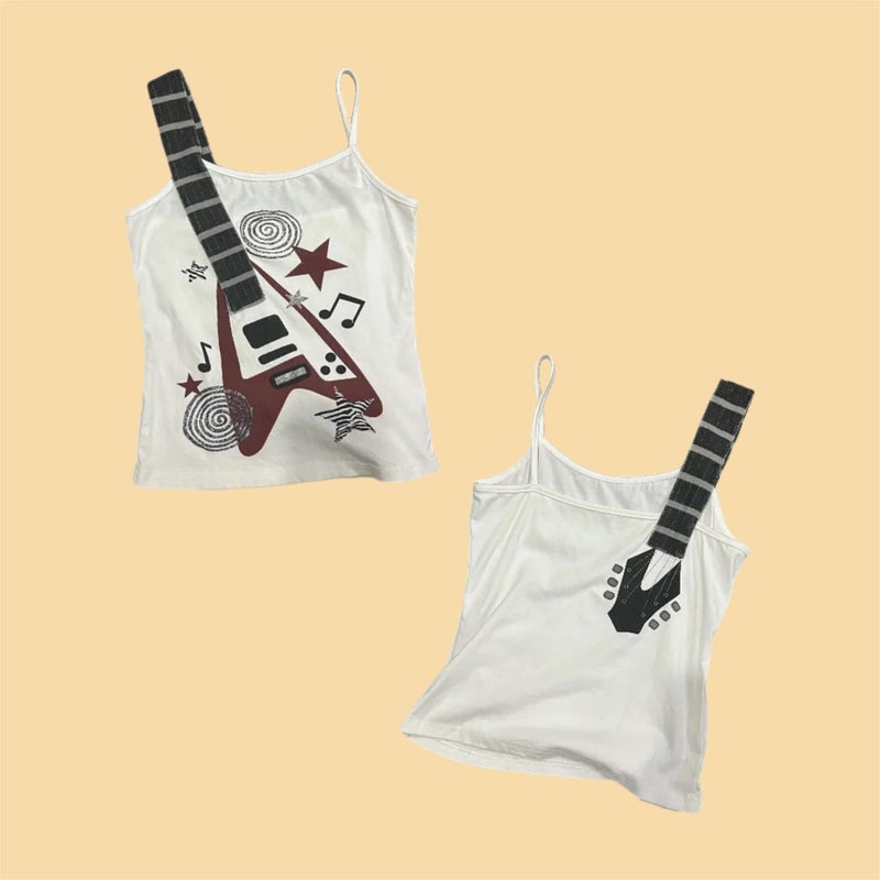 RICHTRUE Punk Rock Concert Graphic Tank Tops Women Cute Summer Spaghetti Strap Sleeveless Crop Cami Y2k Grunge Emo Shirt (White Red Guitar,Small) - Image 4