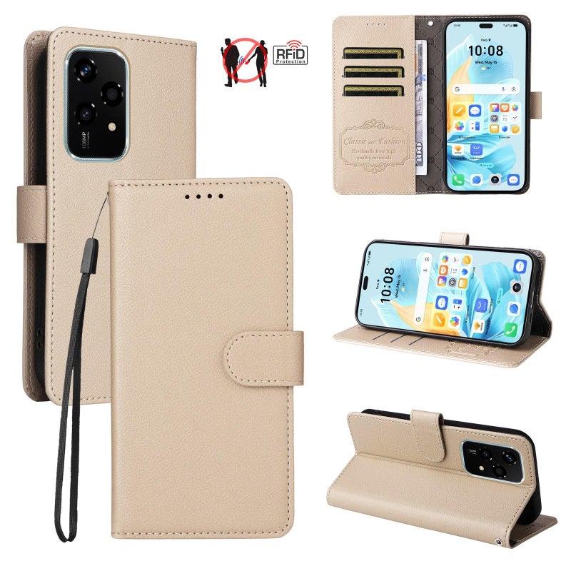 إيروريكس جراب هاتف For Honor 200 Lite Global Litchi Texture RFID Blocking 3-Card Leather Wallet Phone Case (بيج) - Image 1