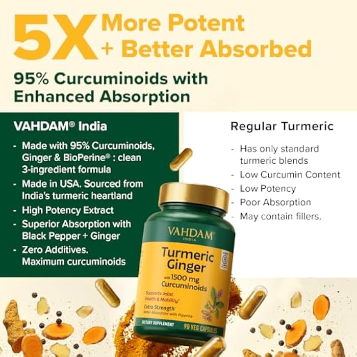 VAHDAM Extra Strength Turmeric Ginger Supplement with 1500mg Curcuminoids per Serving | Added Piperine for Better Absorption | Supports Joint Health and Mobility | 90 Veg Capsules - Image 3
