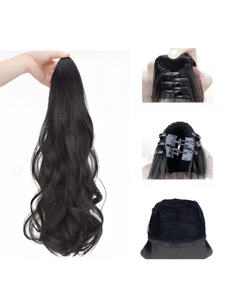KHAJUL Claw Clip Ponytail Extension Synthetic Curly Wavy Clip in Hair Pieces 45cm Long Pony Tails Hair Extensions for Women (Black) - Image 2