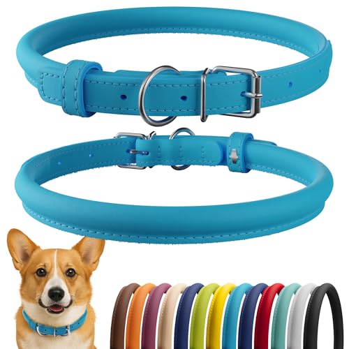 CollarDirect Rolled Leather Dog Collar, Soft Padded Round Puppy Collar, Handmade Genuine Leather Collar Dog Small Large Cat Collars 13 Colors (13-16 Inch, Light Blue) - Image 1