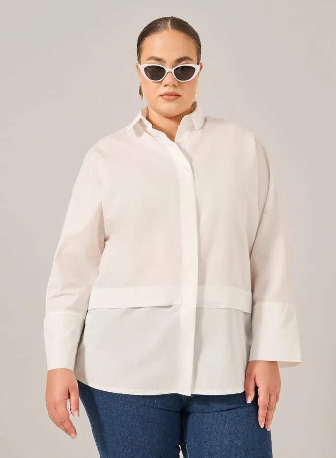 ستايلي قميص فضفاض بأكمام طويلة سادة مقاس كبير ستايلي