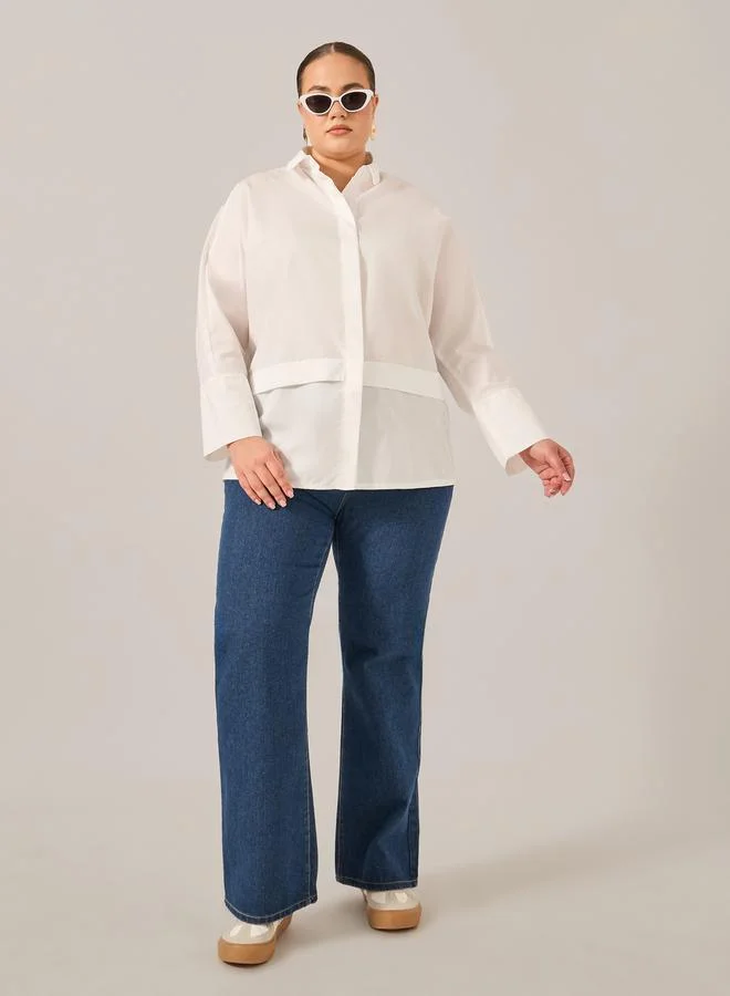 ستايلي قميص فضفاض بأكمام طويلة سادة مقاس كبير ستايلي