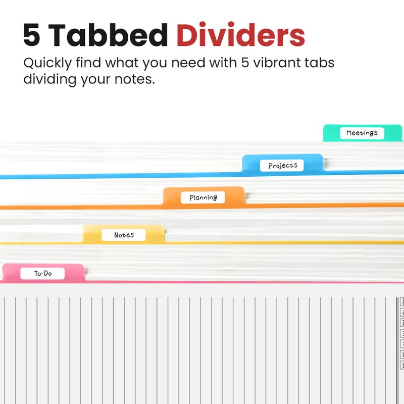 Taja Hardcover Spiral Journal Notebooks for Work With Removable Dividers & Tabs, 8.5"x11" 5 Subject Notebook for Note Taking & Organizer, A4 College Ruled Lined Journal for Women & Writing, Black, 280 Pages - Image 3