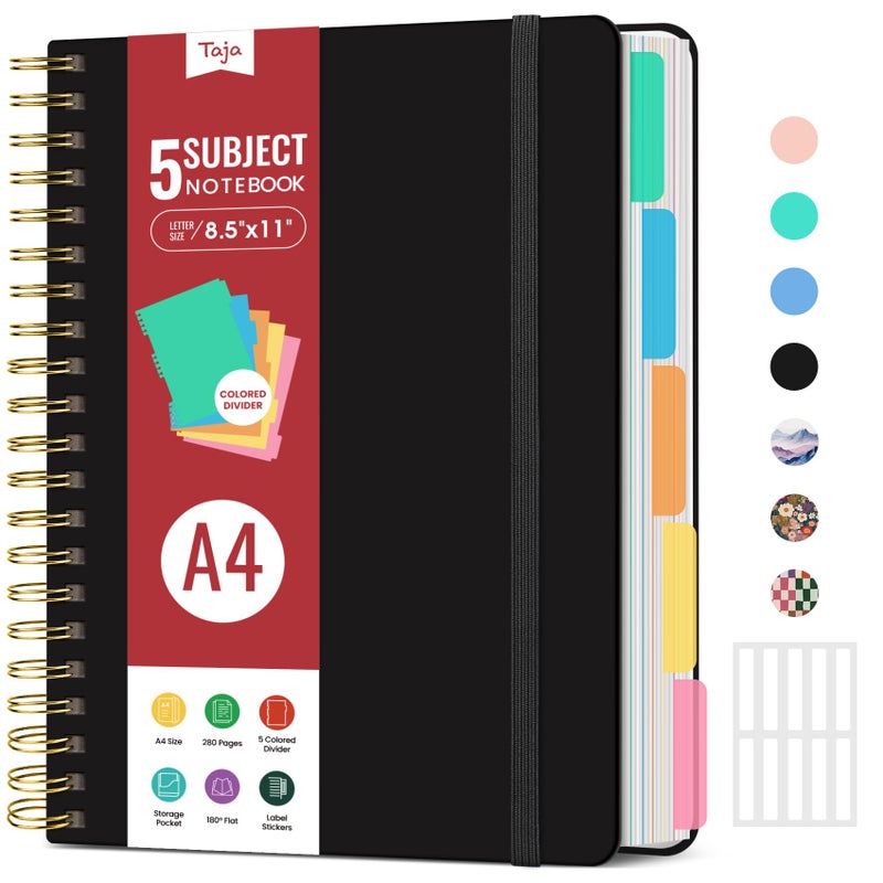 Taja Hardcover Spiral Journal Notebooks for Work With Removable Dividers & Tabs, 8.5"x11" 5 Subject Notebook for Note Taking & Organizer, A4 College Ruled Lined Journal for Women & Writing, Black, 280 Pages - Image 1
