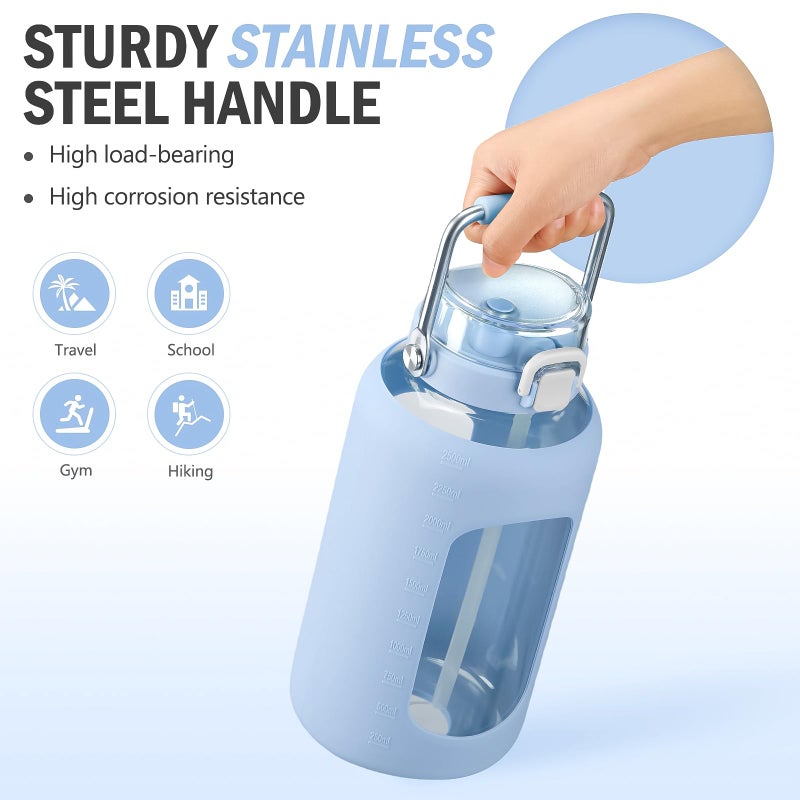 BLUEGO 84oz Water Bottle Glass with Stainless Steel Handle Large 2.5l Water Bottle with Time Markers and Silicone Sleeve Half Gallon Water Jug BPA Free for Gym Daily Use, Blue - Image 5