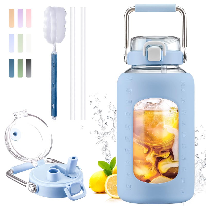 BLUEGO 84oz Water Bottle Glass with Stainless Steel Handle Large 2.5l Water Bottle with Time Markers and Silicone Sleeve Half Gallon Water Jug BPA Free for Gym Daily Use, Blue - Image 1