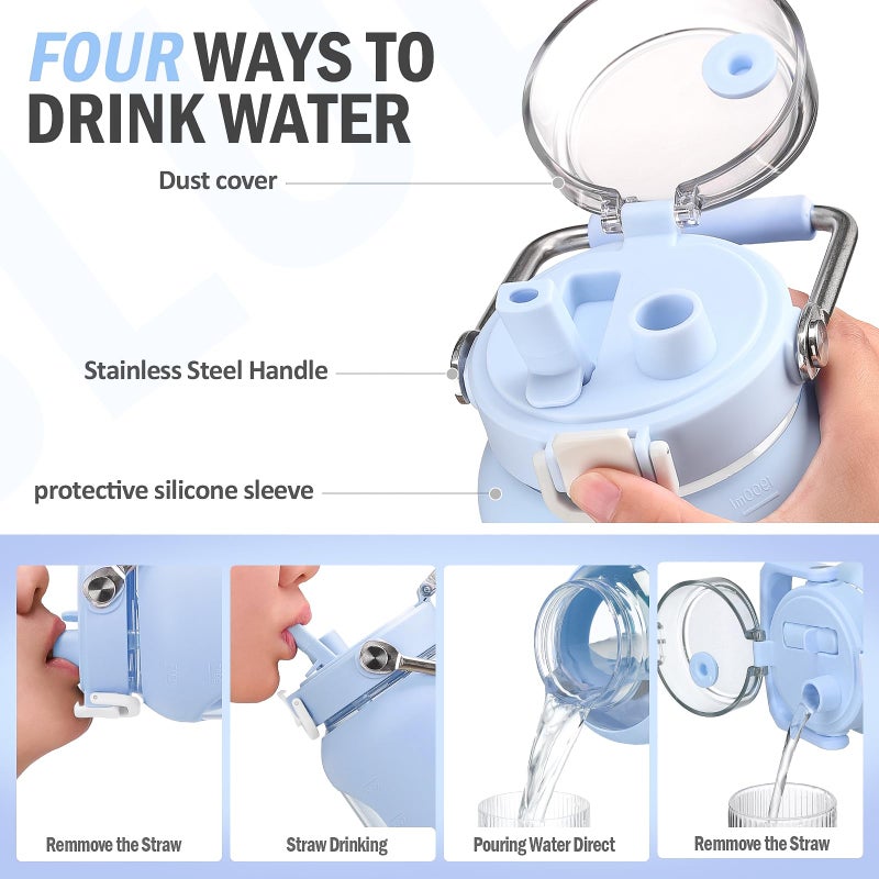 BLUEGO 84oz Water Bottle Glass with Stainless Steel Handle Large 2.5l Water Bottle with Time Markers and Silicone Sleeve Half Gallon Water Jug BPA Free for Gym Daily Use, Blue - Image 4