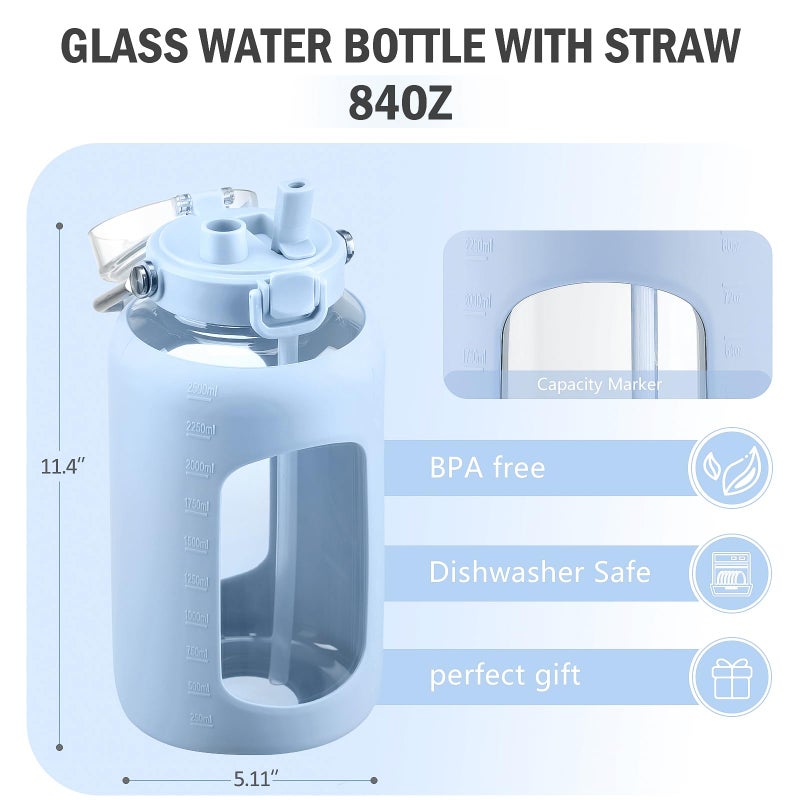 BLUEGO 84oz Water Bottle Glass with Stainless Steel Handle Large 2.5l Water Bottle with Time Markers and Silicone Sleeve Half Gallon Water Jug BPA Free for Gym Daily Use, Blue - Image 2