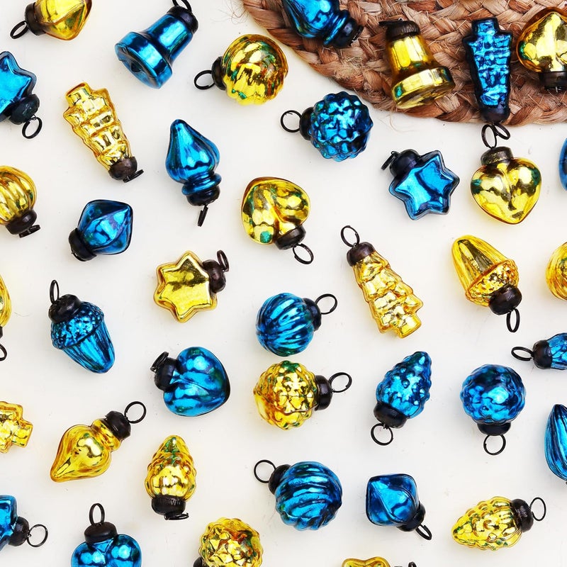 Indian-Shelf 200 Pieces Glass Gold Turquoise Christmas Ornaments Decorative Mercury Mini Vintage Bulk Hanging Ornaments for Halloween Christmas Tree New Year Valentine Day Holidays Event Wedding Party Decor - Image 1