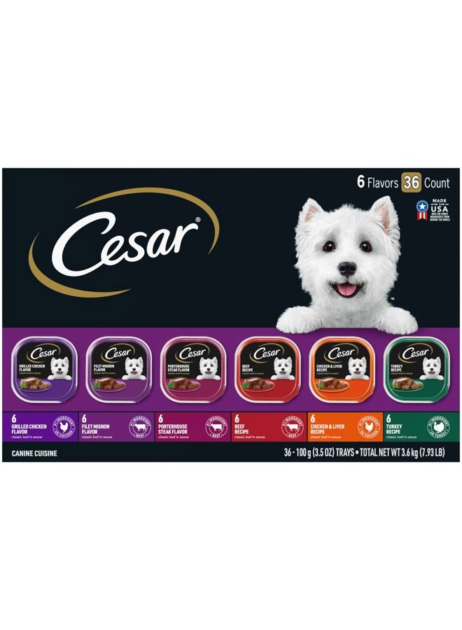 Cesar Wet Dog Food Classic Loaf in Sauce Grilled Chicken, Filet Mignon, Porterhouse Steak, Beef, Chicken & Liver and Turkey Variety Pack 3.5 oz. Easy Peel Trays (36 Count, Pack of 1) - Image 1