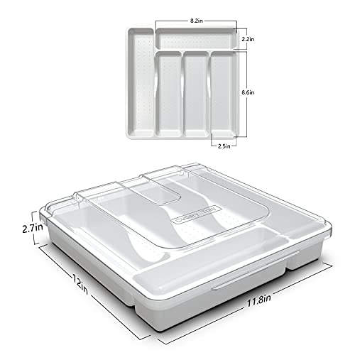QINOL Silverware Organizer with Cover, Portable Cutlery Holder Flatware Tray with Lid Plastic Silverware Storage Box Airtight Black Cutlery Tray with Lid (White) - Image 3
