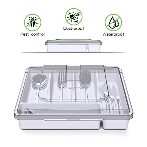 QINOL Silverware Organizer with Cover, Portable Cutlery Holder Flatware Tray with Lid Plastic Silverware Storage Box Airtight Black Cutlery Tray with Lid (White) - Image 2