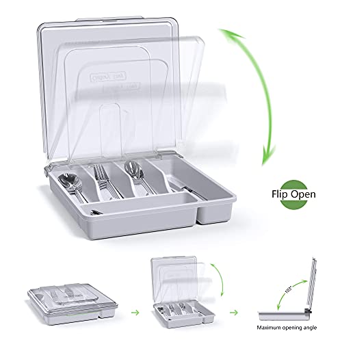 QINOL Silverware Organizer with Cover, Portable Cutlery Holder Flatware Tray with Lid Plastic Silverware Storage Box Airtight Black Cutlery Tray with Lid (White) - Image 4