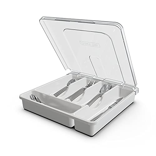 QINOL Silverware Organizer with Cover, Portable Cutlery Holder Flatware Tray with Lid Plastic Silverware Storage Box Airtight Black Cutlery Tray with Lid (White) - Image 1