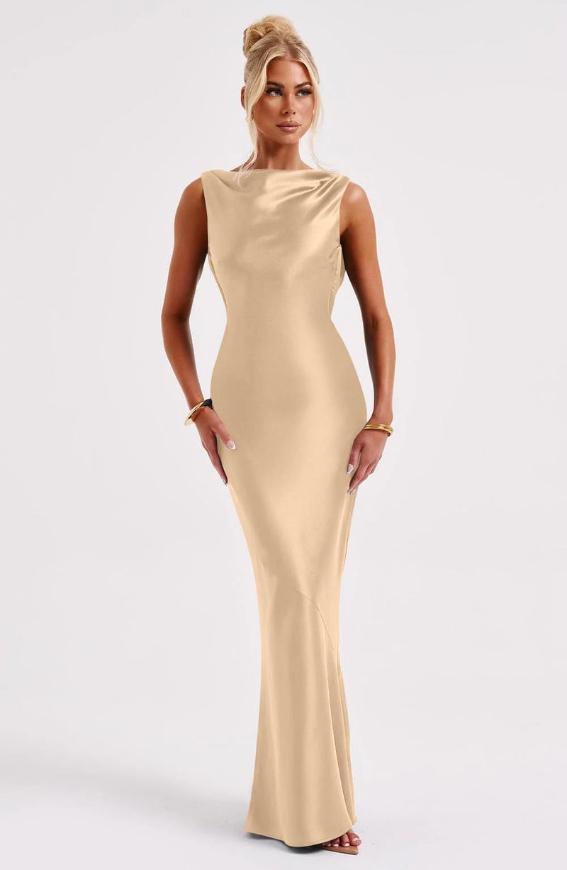 Memoriesea Women's Satin Elegant Sleeveless High Neck Tie Cocktail Party Maxi Dress Champagne - Image 2