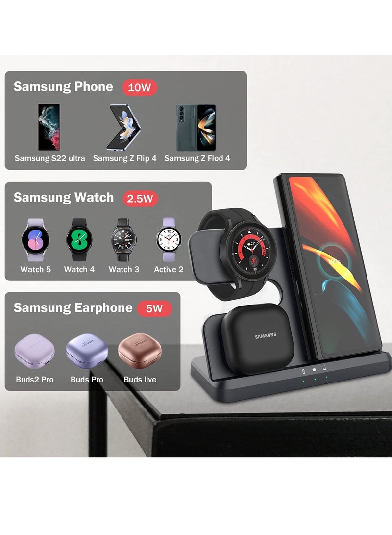 كابتن تيك 3-in-1 Wireless Charging Station for Samsung Galaxy Watch 4/3/Active 2/1, Compatible with S22 Ultra, S21, S20, Note20, Z Flip 4/3, Z Fold, and Galaxy Buds - Black - Image 3