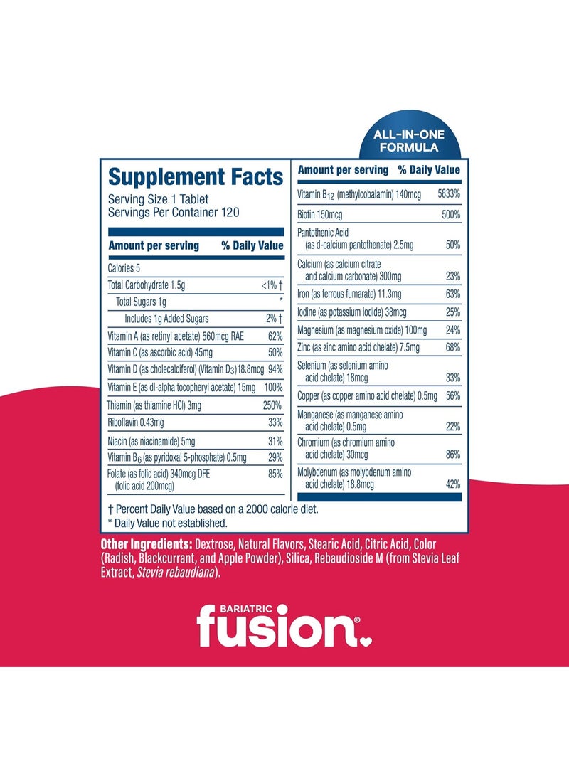 Bariatric Fusion أقراص متعددة الفيتامينات القابلة للمضغ بنكهة الفراولة لعلاج السمنة مع الحديد لمرضى جراحة السمنة بما في ذلك تحويل مسار المعدة وتكميم المعدة - 120 قرصًا - Image 2