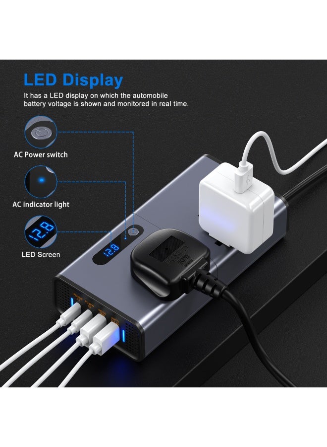 Imteaz 200W Car Power Inverter, DC 12V to 220V AC Car Inverter Suitable for Cars & SUVs with 2 AC Outlets, 2 USB, 2 Type C Port and LED display (Silver Grey) - Image 3