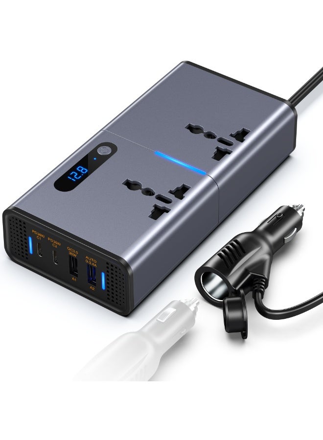 Imteaz 200W Car Power Inverter, DC 12V to 220V AC Car Inverter Suitable for Cars & SUVs with 2 AC Outlets, 2 USB, 2 Type C Port and LED display (Silver Grey) - Image 1