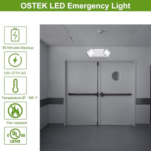 OSTEK LED Emergency Lights with Two Dual Adjustable Heads, Commercial Battery Backup Emergency Exit Lighting for Business & Home, UL 94V-0 Rated, AC 120-277V(1pack) - Image 2