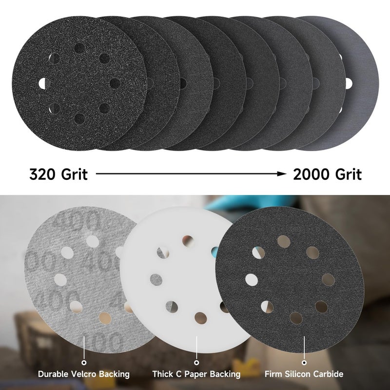 POTUINOM 80PCS 5 inch Wet Dry Sanding Discs, Silicon Carbide Orbital Sander Hook and Loop Sandpaper 320 400 600 800 1000 1200 1500 2000 Grit, Best for Metal, Automotive Sanding - Image 3