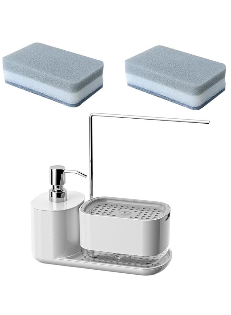 Bukela Hand and Dish Soap Dispenser Set with 2pcs Sponge, Kitchen Soap Dispenser Set with Tray, Sponge Holder and Rag Holder, 4-in-1 Organizer for Kitchen Sink Countertop, Useful Kitchen Gadgets - White - Image 1